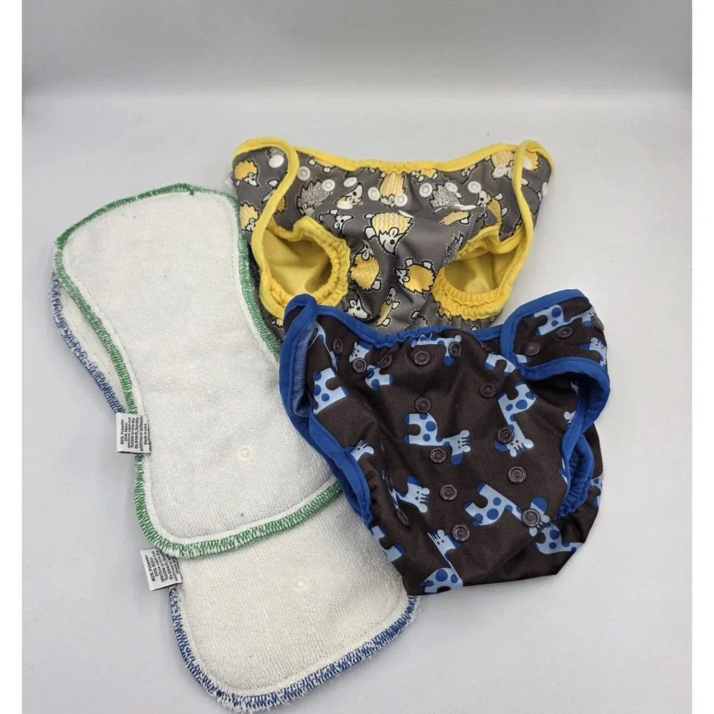 2 Best Bottom One Size Yellow Blue Themed Diapers & 2 White Green Blue Inserts